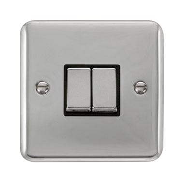 Curved Polished Chrome 10AX Ingot 2 Gang 2 Way Plate Switch - Black Trim - SE Home