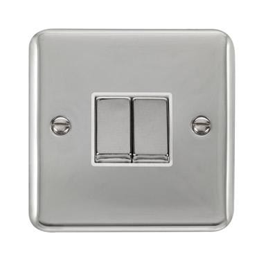 Curved Polished Chrome 10AX Ingot 2 Gang 2 Way Plate Switch - White Trim