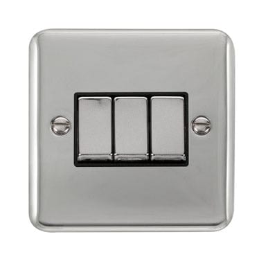 Curved Polished Chrome 10AX Ingot 3 Gang 2 Way Plate Switch - Black Trim