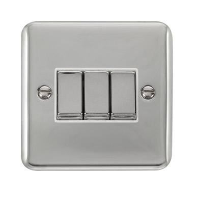 Curved Polished Chrome 10AX Ingot 3 Gang 2 Way Plate Switch - White Trim