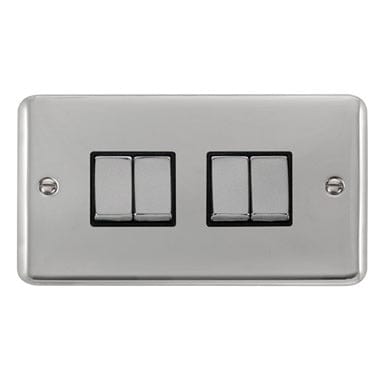 Curved Polished Chrome 10AX Ingot 4 Gang 2 Way Plate Switch - Black Trim