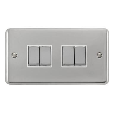 Curved Polished Chrome 10AX Ingot 4 Gang 2 Way Plate Switch - White Trim