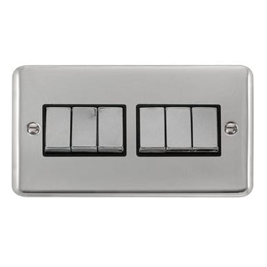 Curved Polished Chrome 10AX Ingot 6 Gang 2 Way Plate Switch - Black Trim