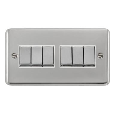 Curved Polished Chrome 10AX Ingot 6 Gang 2 Way Plate Switch - White Trim