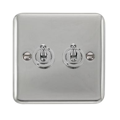 Curved Polished Chrome 10AX 2 Gang 2 Way Toggle Switch - Black Trim