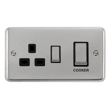 Curved Polished Chrome 45A Ingot 2 Gang DP Switch With 13A DP Switched Socket - Black Trim - SE Home