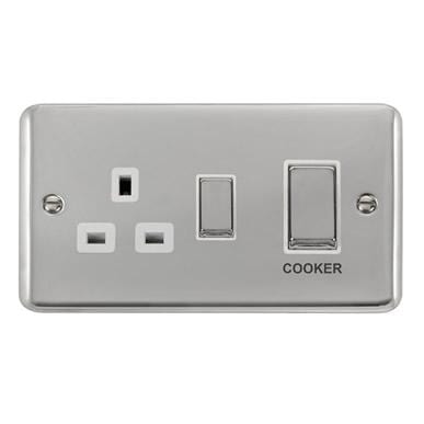Curved Polished Chrome 45A Ingot 2 Gang DP Switch With 13A DP Switched Socket - White Trim