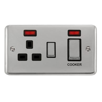Curved Polished Chrome 45A Ingot 2 Gang DP Switch With 13A DP Switched Socket & Neons - Black Trim - SE Home