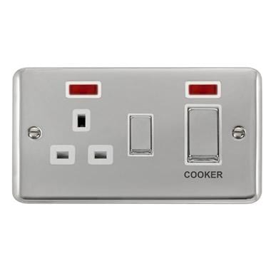 Curved Polished Chrome 45A Ingot 2 Gang DP Switch With 13A DP Switched Socket & Neons - White Trim