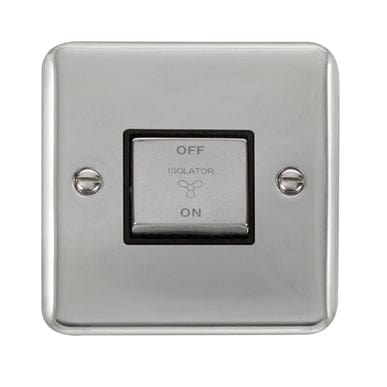 Curved Polished Chrome 10A Ingot 3 Pole Fan Isolation Plate Switch - Black Trim - SE Home