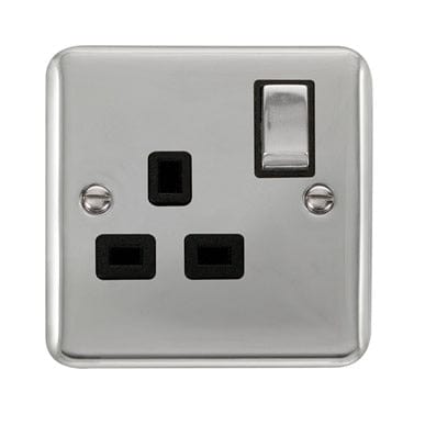 Curved Polished Chrome 13A Ingot 1 Gang DP Switched Socket - Black Trim