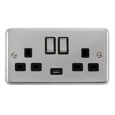 Curved Polished Chrome 13A Ingot 2 Gang Switched Sockets With 2.1A USB Outlet (Twin Earth) - Black Trim