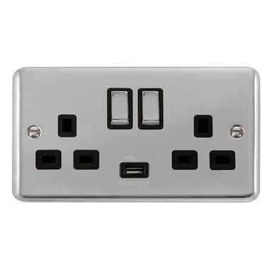 Curved Polished Chrome 13A Ingot 2 Gang Switched Sockets With 2.1A USB Outlet (Twin Earth) - Black Trim - SE Home