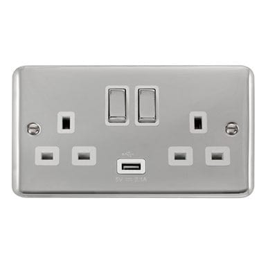 Curved Polished Chrome 13A Ingot 2 Gang Switched Sockets With 2.1A USB Outlet (Twin Earth) - White Trim