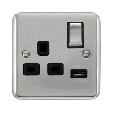 Curved Polished Chrome 13A Ingot 1 Gang Switched Socket With 2.1A USB Outlet - Black Trim
