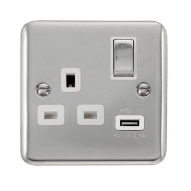 Curved Polished Chrome 13A Ingot 1 Gang Switched Socket With 2.1A USB Outlet - White Trim - SE Home