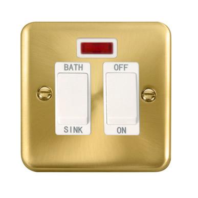 Curved Satin Brass 20A DP Sink/Bath Switch With Neon - White Trim
