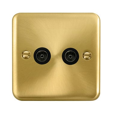 Curved Satin Brass Twin Coaxial Outlet - Black Trim