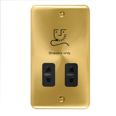 Curved Satin Brass 115/230V Dual Voltage Shaver Socket - Black Trim - SE Home