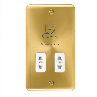 Curved Satin Brass 115/230V Dual Voltage Shaver Socket - White Trim