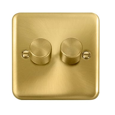 Curved Satin Brass 2 Gang 2 Way LED 100W Trailing Edge Dimmer Light Switch