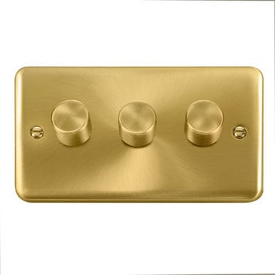 Curved Satin Brass 3 Gang 2 Way LED 100W Trailing Edge Dimmer Light Switch