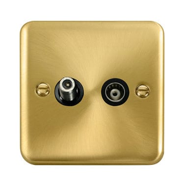 Curved Satin Brass Isolated Satellite & Isolated Coaxial Outlet - Black Trim