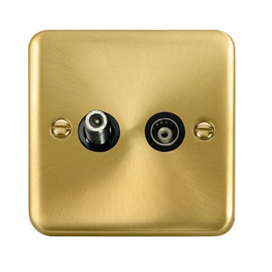 Curved Satin Brass Isolated Satellite & Isolated Coaxial Outlet - Black Trim - SE Home