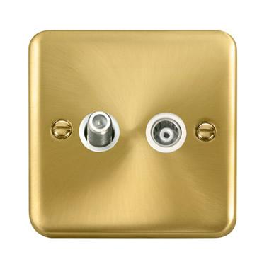 Curved Satin Brass Isolated Satellite & Isolated Coaxial Outlet - White Trim - SE Home