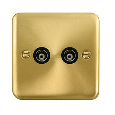 Curved Satin Brass Twin Isolated Coaxial Outlet - Black Trim