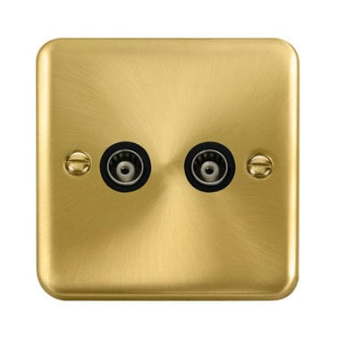Curved Satin Brass Twin Isolated Coaxial Outlet - Black Trim - SE Home