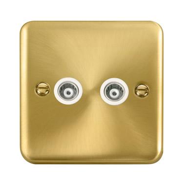 Curved Satin Brass Twin Isolated Coaxial Outlet - White Trim - SE Home