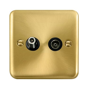 Curved Satin Brass Non-Isolated Satellite & Non-Isolated Coaxial Outlet - Black Trim