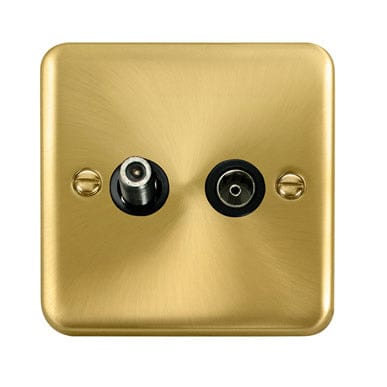 Curved Satin Brass Non-Isolated Satellite & Non-Isolated Coaxial Outlet - Black Trim - SE Home