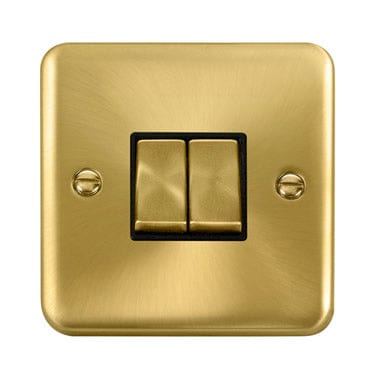 Curved Satin Brass 10AX Ingot 2 Gang 2 Way Light Switch - Black Trim