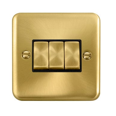 Curved Satin Brass 10AX Ingot 3 Gang 2 Way Light Switch - Black Trim - SE Home