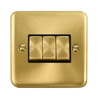 Curved Satin Brass 10AX Ingot 3 Gang 2 Way Light Switch - Black Trim