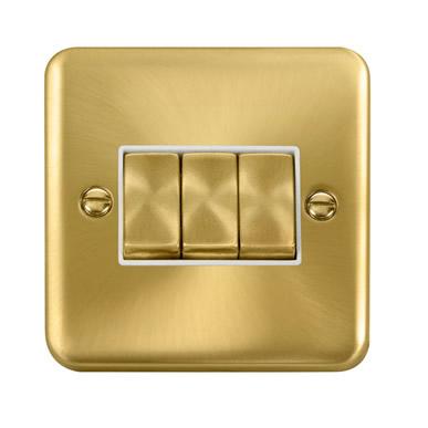 Curved Satin Brass 10AX Ingot 3 Gang 2 Way Light Switch - White Trim - SE Home