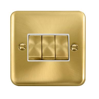 Curved Satin Brass 10AX Ingot 3 Gang 2 Way Light Switch - White Trim