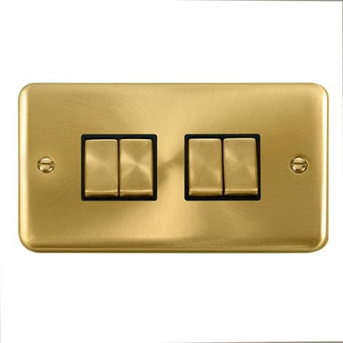 Curved Satin Brass 10AX Ingot 4 Gang 2 Way Light Switch - Black Trim