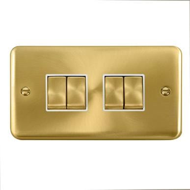 Curved Satin Brass 10AX Ingot 4 Gang 2 Way Light Switch - White Trim