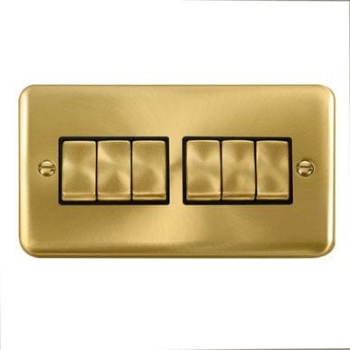 Curved Satin Brass 10AX Ingot 6 Gang 2 Way Light Switch - Black Trim - SE Home