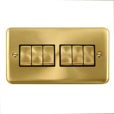 Curved Satin Brass 10AX Ingot 6 Gang 2 Way Light Switch - Black Trim