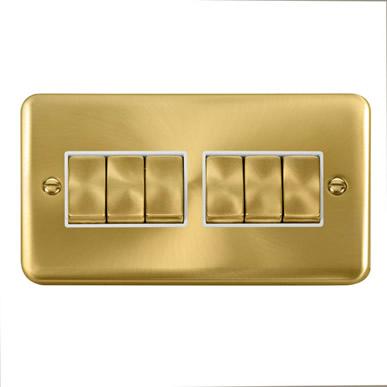 Curved Satin Brass 10AX Ingot 6 Gang 2 Way Light Switch - White Trim