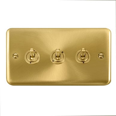 Curved Satin Brass 10AX 3 Gang 2 Way Toggle Light Switch
