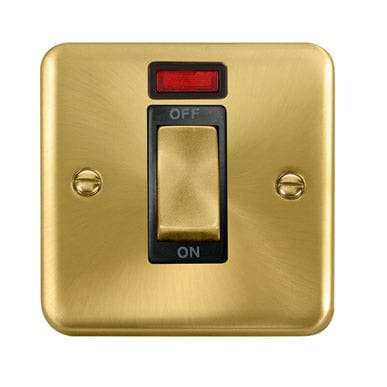 Curved Satin Brass 45A Ingot 1 Gang DP Switch With Neon - Black Trim - SE Home