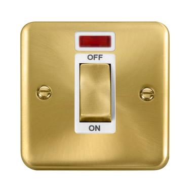 Curved Satin Brass 45A Ingot 1 Gang DP Switch With Neon - White Trim