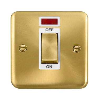 Curved Satin Brass 45A Ingot 1 Gang DP Switch With Neon - White Trim - SE Home