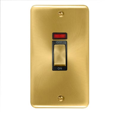 Curved Satin Brass 45A Ingot 2 Gang DP Switch With Neon - Black Trim