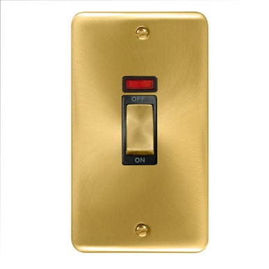 Curved Satin Brass 45A Ingot 2 Gang DP Switch With Neon - Black Trim - SE Home